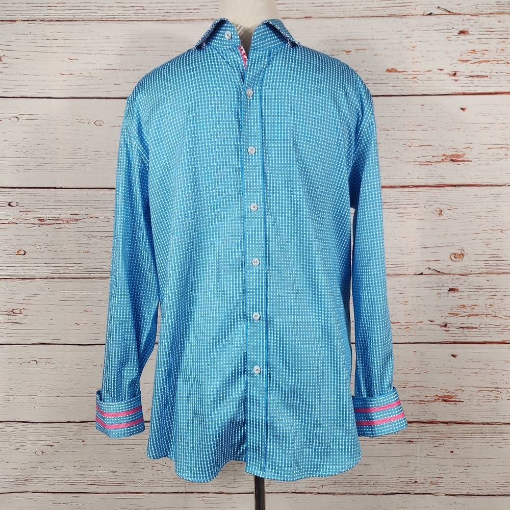 Robert Graham Modern Americana Teal & White Check Long Sleeve Button Up Shirt XL